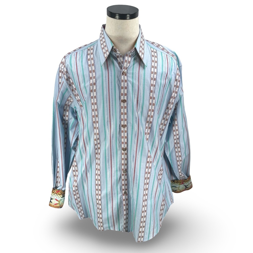 Robert Graham Mens XL Long Sleeve Button Down Shirt Blue Brown Striped Silk Trim